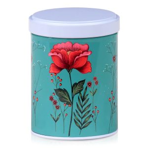 Illustrated tea caddy with large red flower