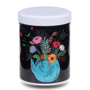 Artist's metal tea box illustrated with a drawing of a bouquet of flowers in a blue vase on a black background.