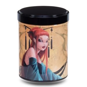 Artist's metal tea box illustrated with a drawing of a young woman with long red hair surrounded by herons on a beige, light brown background.