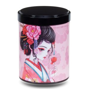Artist's metal tea box illustrated with a drawing of a Japanese geisha with a red rose on a pink background