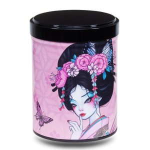 Artist's metal tea box illustrated with a drawing of a Japanese geisha and butterflies on a pink background