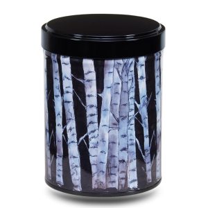 Artist's metal tea box illustrated with a drawing of a white beech forest on a black background