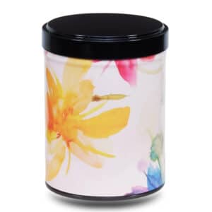 Artist's metal tea box illustrated with a large yellow iris design