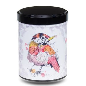 Artist's metal tea box illustrated with a drawing of a robin on a white background