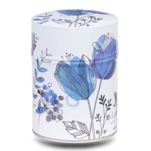 Metal tea caddy illustrated with a design of blue flowers on a white background