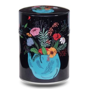 Metal tea caddy illustrated with a multicolored bouquet in a blue vase on a background.