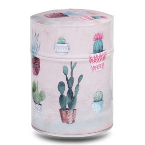 Metal tea caddy illustrated with Mexican motifs on a beige background