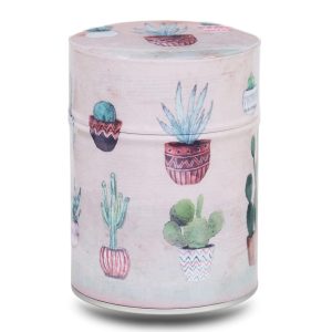 Metal tea caddy illustrated with Mexican motifs on a beige background