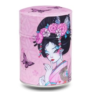 Metal tea caddy featuring a Japanese geisha with butterflies on a pink background