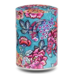 Metal tea caddy illustrated with a carp and their aquatic creatures on a blue background.