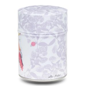 Metal tea caddy illustrated with a robin design on a white background