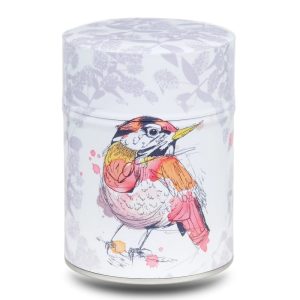 Metal tea caddy illustrated with a robin design on a white background