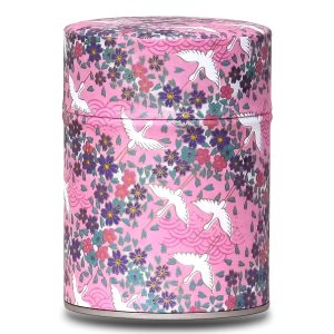pink tea box with white cranes