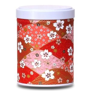Red washi paper tea box with white flowers and fans