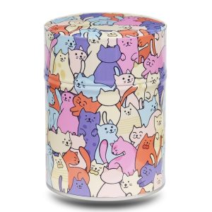 Metal tea caddy illustrated with a design of intermingled colored cats
