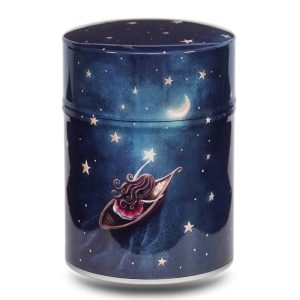 Metal tea caddy illustrated with a drawing of a girl in a pirogue floating on a starry night.