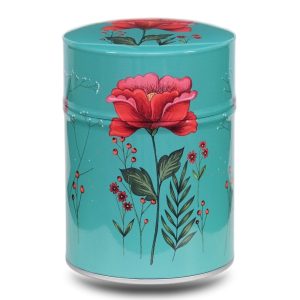 Metal tea caddy illustrated with a red flower design on a turquoise background