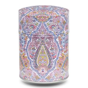 Metal tea caddy illustrated with an Indian mandala
