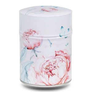 Metal tea caddy illustrated with peonies and butterflies on a white background