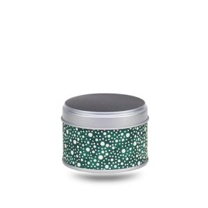 Small metal tea box covered with green washi paper with beige dots