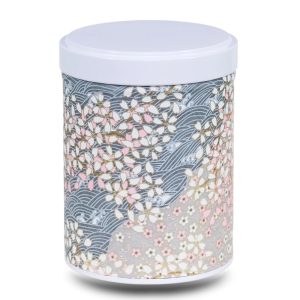 Grey and blue washi paper tea box with beige and pink flowers