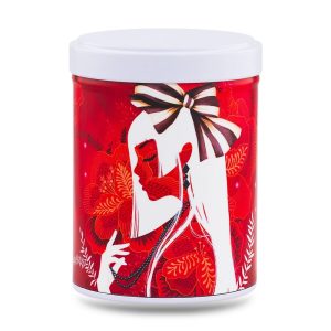 boîte à thé japonaise empilable 100g illustrée Hina motif floral japonais rouge et doré avec couvercle blanc