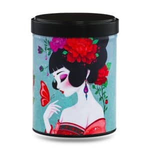 boîte à thé japonaise empilable 100g illustrée Ayaka motif fleurs pastel et dorures avec couvercle noir