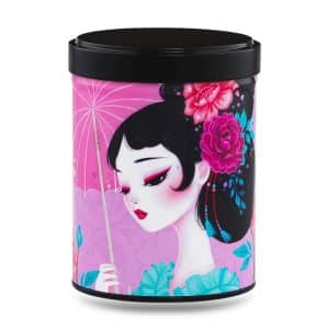 boîte à thé japonaise empilable 100g illustrée Yuzuki motif floral violet et doré avec couvercle noir