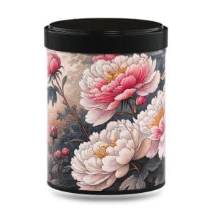 boîte à thé japonaise empilable 100g illustrée Botan motif pivoines roses et rouges avec couvercle noir