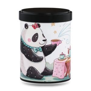 boîte à thé japonaise empilable 100g illustrée Panda Cha motif pandas noirs et blancs au milieu du bambou avec couvercle noir