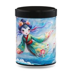 boîte à thé japonaise empilable 100g illustrée Miss Koinobori motif carpes volantes colorées avec couvercle noir