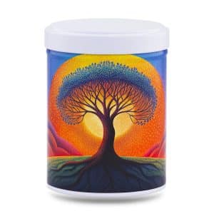 boîte à thé japonaise empilable 100g illustrée Arbre de Vie motif arbre coloré sur fond bleu avec couvercle blanc