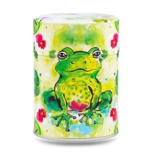 boîte à thé japonaise traditionnelle 100g illustrée Grenouille Zen motif grenouille méditant sur nénuphar
