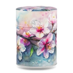 boîte à thé japonaise traditionnelle 100g illustrée Cherry Blossom motif fleurs de cerisier roses sur fond blanc
