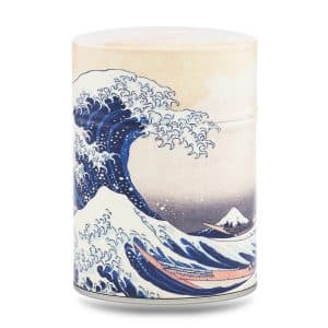 boîte à thé japonaise traditionnelle 100g illustrée Hokusai motif grande vague bleu et blanc