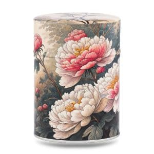 boîte à thé japonaise traditionnelle 100g illustrée Botan motif pivoines roses et rouges