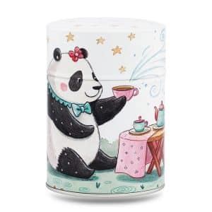 boîte à thé japonaise traditionnelle 100g illustrée Panda Cha motif pandas noirs et blancs au milieu du bambou