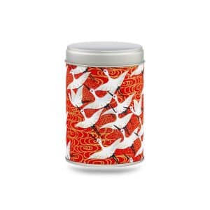 boîte à thé Minabe 50 g washi rouge motif grues blanches, couvercle argenté