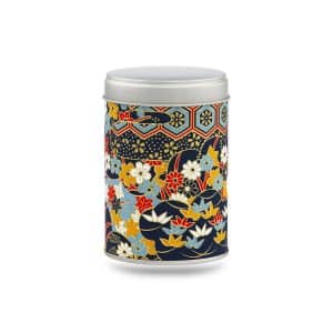 boîte à thé Sanuki 50 g washi multicolore motifs fleurs et nuages, couvercle argenté