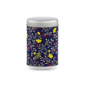 boîte à thé Imabari 50 g washi bleu nuit fleurettes jaunes et baies rouges, couvercle argenté