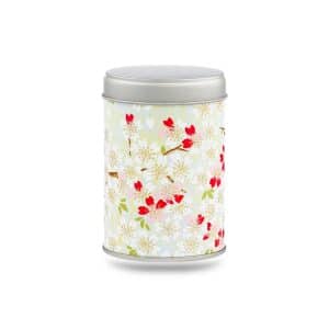 boîte à thé Yanai 50 g washi bleu pâle motif sakura blanches touches rouges, couvercle argenté