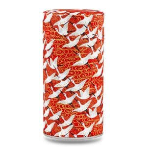 boîte à thé traditionnelle Minabe 150 g washi rouge motif grues blanches, couvercle décoré