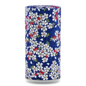 boîte à thé traditionnelle Kawazu 150 g washi bleu nuit motif sakura blanches touches