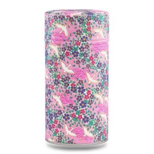 boîte à thé traditionnelle Masuda 150 g washi rose motif grues blanches et fleurs violettes, couvercle décoré