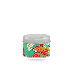 boîte à thé Yatsumi 20 g voyage washi turquoise motif sakura et pins, couvercle argenté