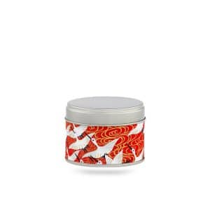 boîte à thé Minabe 20 g voyage washi rouge motif grues blanches, couvercle argenté