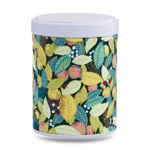 boîte à thé empilable Tajimi 100 g washi vert motif feuilles dorées et baies rouges, couvercle blanc
