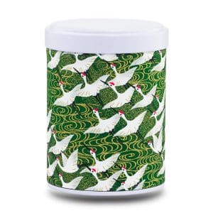 boîte à thé empilable Seicho 100 g washi vert motif grues blanches, couvercle blanc