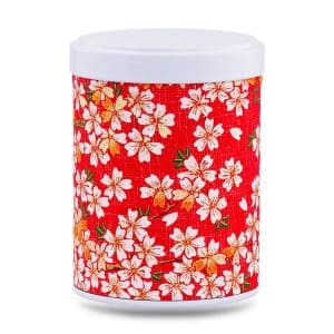 boîte à thé empilable Kihoku 100 g washi rouge motif fleurs blanches et dorées, couvercle blanc