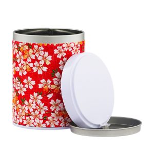 boîte à thé empilable Yatsumi 100 g washi turquoise motif sakura et pins dorés, couvercle blanc